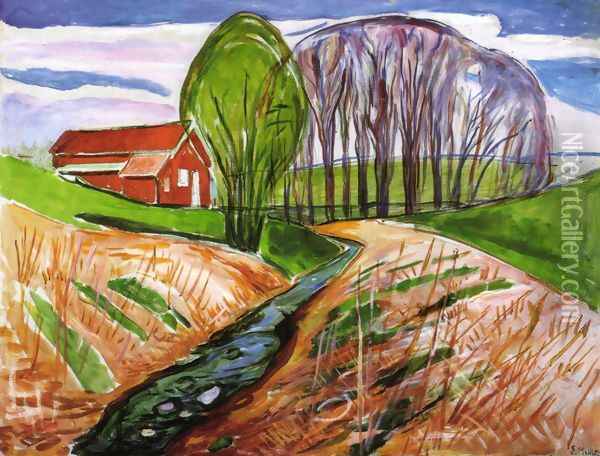 Spring landscape at the red house 1935 Oil Painting - Edvard Munch