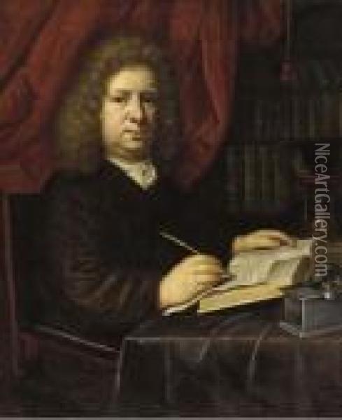 Portrait Of A Lawyer In His Study Oil Painting - Caspar Netscher