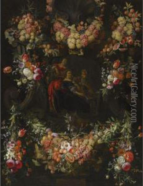 A Garland Of Fruit And Flowers Around A Stone Cartouche Withelegant Figures Making Music Oil Painting - Caspar Pieter I Verbrugghen