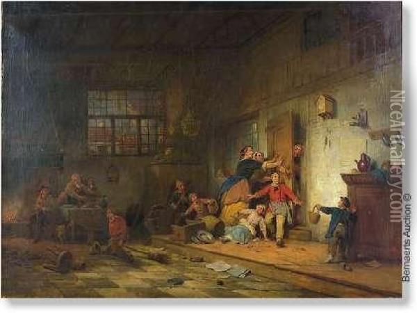 'the Exclusion' Canvas. Signed And Dated Ferdinand De Braeckeleer Antwerpen/18.3 Oil Painting - Ferdinand De Braekeleer Jr.