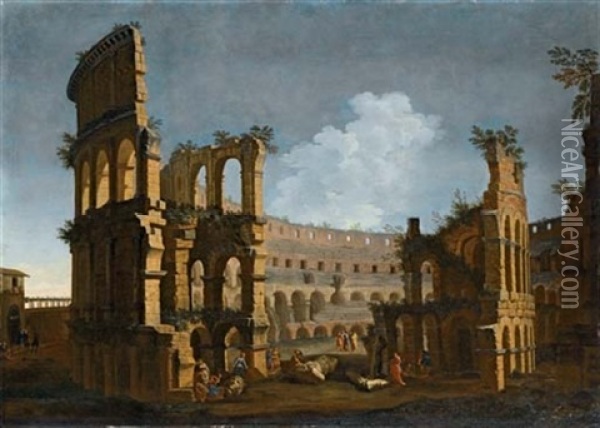 Veduta Del Colosseo Con Astanti Che Misurano Sculture Oil Painting - Niccolo Codazzi