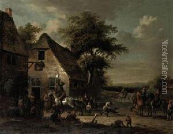 A Town View With Figures Conversing And Playing The Game Of'gaasgouwe' Oil Painting - Barend Gael or Gaal
