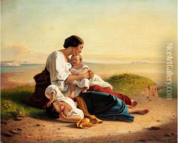 Junge Italienerin Mit Zwei Schlafenden Kindern An Kuste Oil Painting - August Riedel