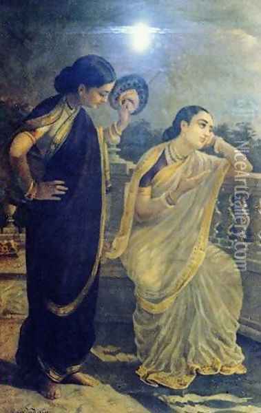Ladies in the Moonlight Oil Painting - Raja Ravi Varma
