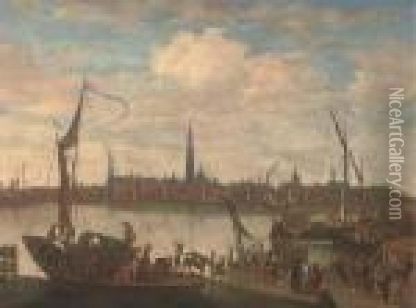 A Dutch Port With Shipping And Figures On The Bank Oil Painting - Bonaventura, the Elder Peeters