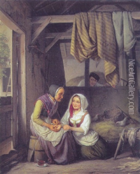 Den Unge Pige Spas I Handen, Medens Ungersvenden Ser Nysgerrigt Pa Oil Painting - Edvard Lehmann