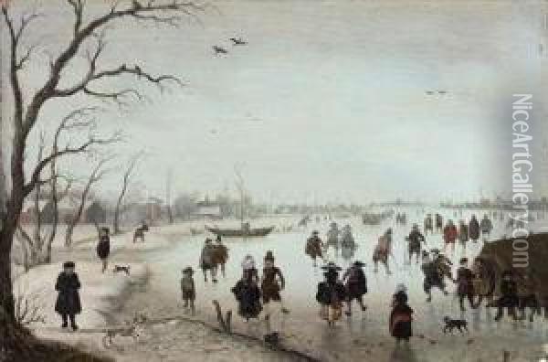 A Winter Landscape With Figures Skating And Making Merry On Afrozen River Oil Painting - Verstraelen Anthonie