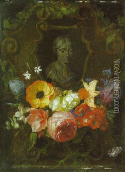A Swag Of Roses, Narcissus And Other Flowers Decorating A Stone Cartouche Inset With A Bust Of A Woman Oil Painting - Jan van den Hecke the Elder