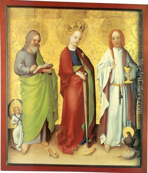 Saints Matthew, Catherine of Alexandria and John the Evangelist Oil Painting - Stefan Lochner