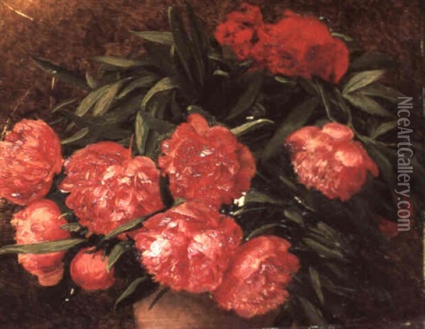 Roter Pfingstrosenstrauss Oil Painting - Georges Croegaert
