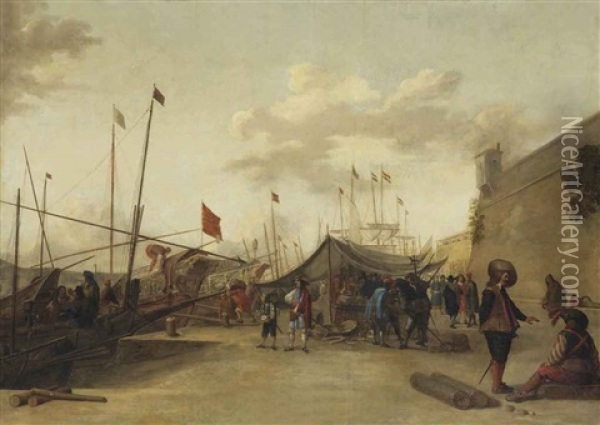 A Mediterranean Harbour With Merchants At A Market On The Quay Oil Painting - Johannes Lingelbach