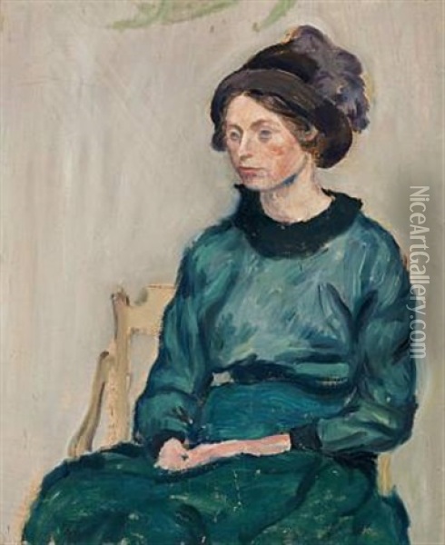 Ung Dame I Gron Kjole (young Lady In A Green Dress - Portrait Of Else Sandholt) Oil Painting - Harald Giersing