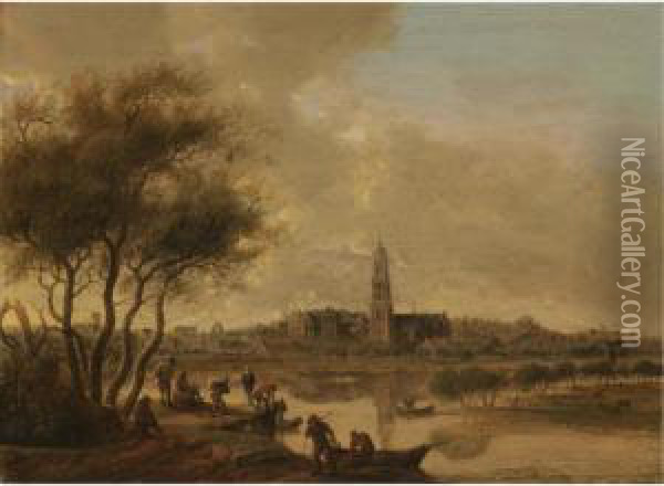 A Panoramic View Of Rhenen Seen 
From The South Bank Of The Nederijn, With The Church Of St Cunera Oil Painting - Anthony Jansz. Van Der Croos