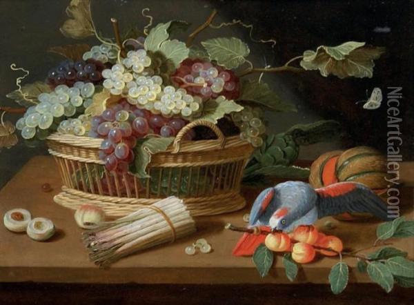 Corbeille De Raisins, Perroquets Et Branches D'abricots Sur Un Entablement Oil Painting - Jan van Kessel