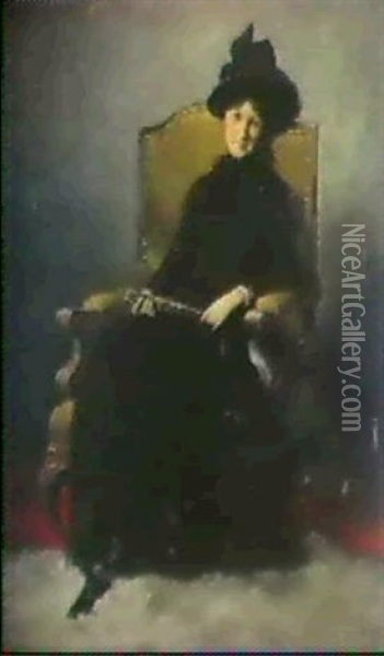 Sitzende Junge Frau In Schwarzem Kleid Mit Schwarzem Hut    Und Facher Oil Painting - Albert von Keller
