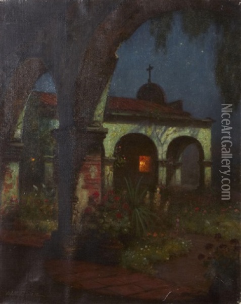 San Juan Capistrano Mission By Moonlight Oil Painting - William Barr