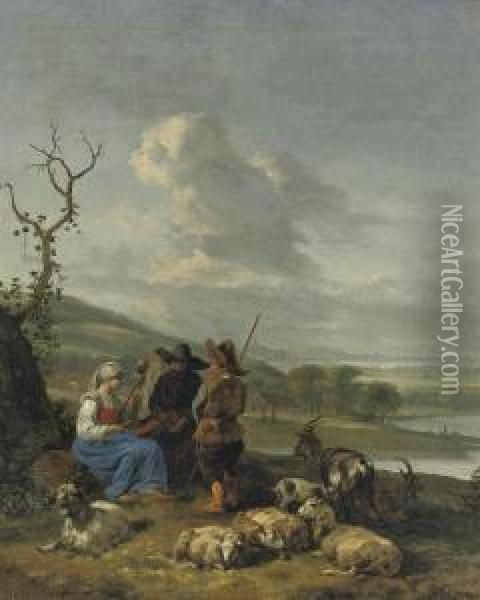 A Peasant Girl Spinning With Two Shepherds Watching Oil Painting - Hendrick Mommers