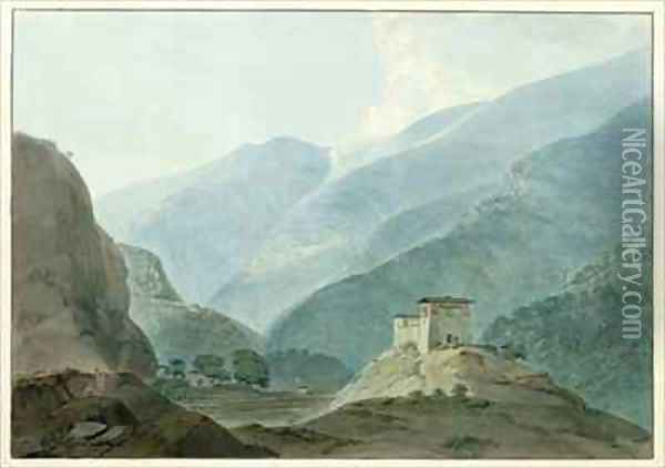 Chukha Casle in Bhutan Oil Painting - Thomas & William Daniell