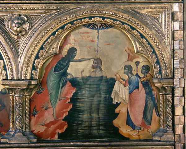 The Baptism of Christ, panel from the left side of a polyptych from the Church of Santa Chiara, c.1350 Oil Painting - Paolo Veneziano