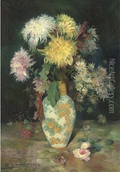 Chrysanthemums And Daisies In A Ceramic Vase Oil Painting - Luis Graner y Arrufi