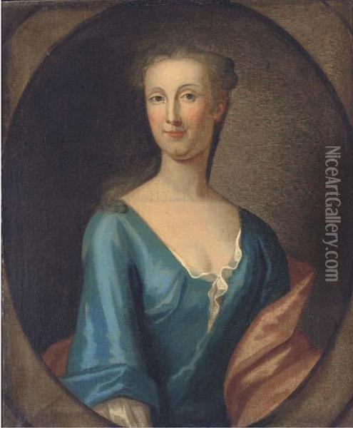 Portrait Of Martha Rawson Of 
Bolling, Bust-length, In A Blue Dressand Red Wrap, In A Feigned Oval Oil Painting - Sir Godfrey Kneller