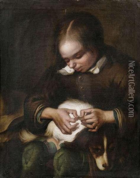 A Boy Ridding His Dog Of Fleas. Oil Painting - Gerard Terborch