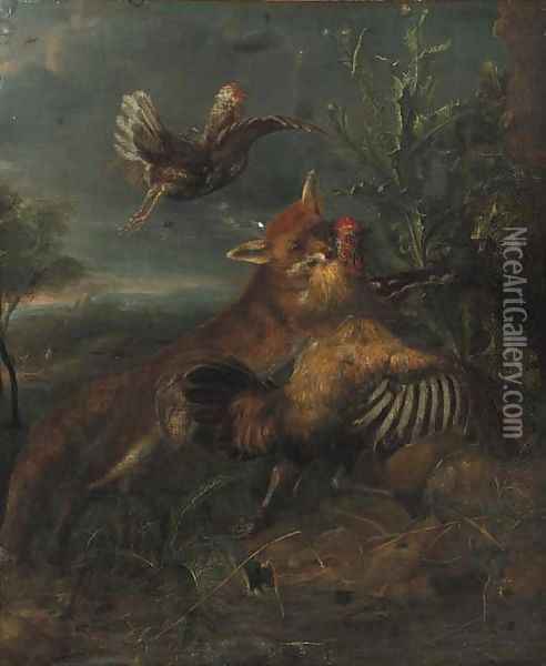 A fox chasing a cockerel by a thistle in a landscape Oil Painting - Peeter Boel