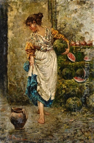 A Young Woman With Watermelons Oil Painting - Vincenzo Irolli
