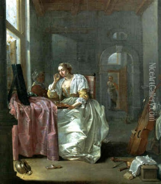 A Vanitas: A Lady At Her Toilet Oil Painting - Jacob Duck