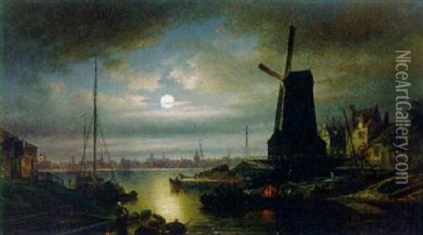 Mondschein Uber Hollandischem Hafen Oil Painting - Elias Pieter van Bommel