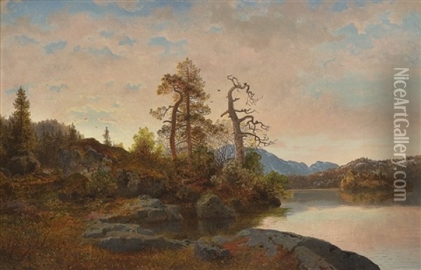 Skoglandskap Med Innsjo Oil Painting - Hans Frederick Gude