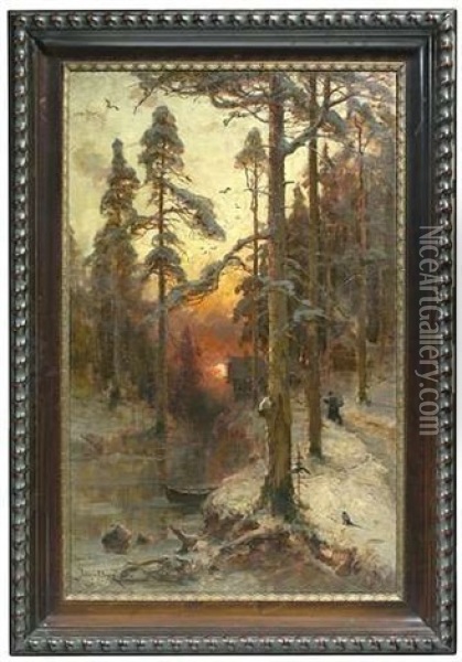 Winterliches Waldinneres Mit Einem Bach Bei Sonnenuntergang Oil Painting - Yuliy Yulevich (Julius) Klever