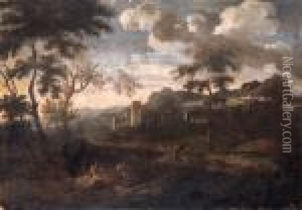 Figures In A Classical Landscape Oil Painting - Gaspard Dughet Poussin