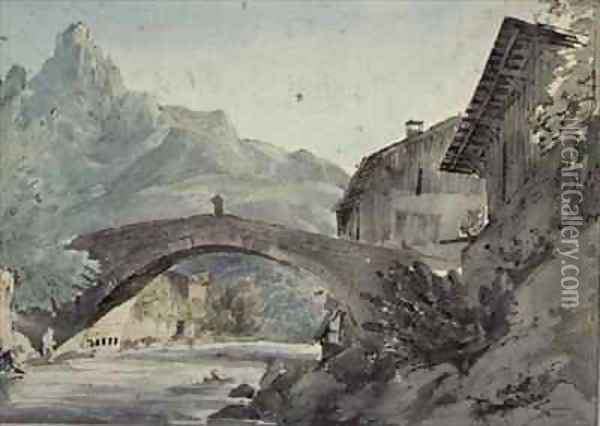 Bridge at Sallanches and the Aiguille de Varens Oil Painting - Henry William Burgess