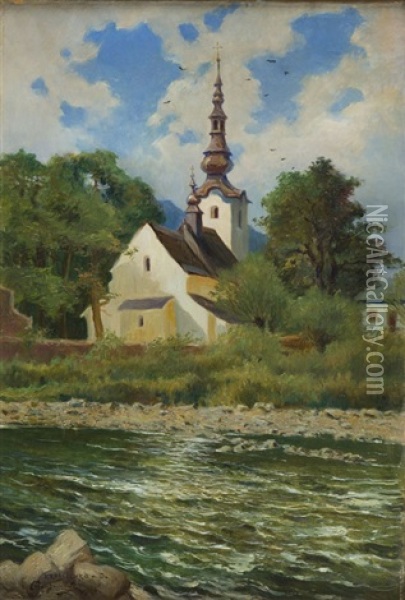 Church In Kroscienko By Dunau Oil Painting - Marceli Harasimowicz