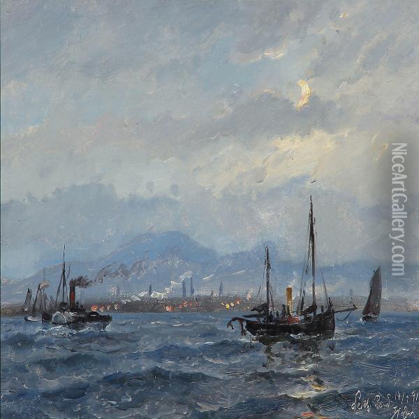 A Paddle Steamer And Sailing Ships Off The Coast Of Leith Near Edinburgh Oil Painting - Holger Drachmann