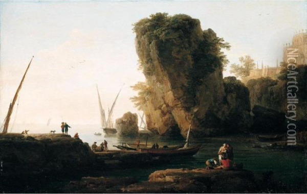 A Cove On A Rocky Mediterranean Coast, With Small Vessels And Fishermen Oil Painting - Claude-joseph Vernet