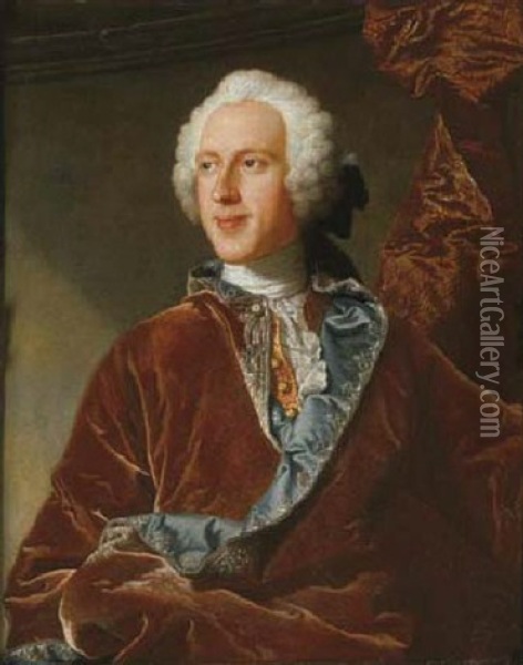 Portrait Of Sir Bourchier Wrey, 6th Bt., In A Brown Coat Lined With Turquoise Silk And Embroidered With Silver And A Red And Gold Waistcoat Oil Painting - Hyacinthe Rigaud