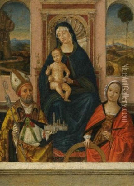 The Madonna And Child Enthroned With Saints Petronius And Catherine Of Alexandria Oil Painting - Bernardino di Bosio Zaganelli