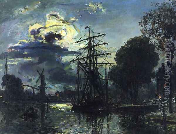 Canal in the Moonlight Oil Painting - Johan Barthold Jongkind