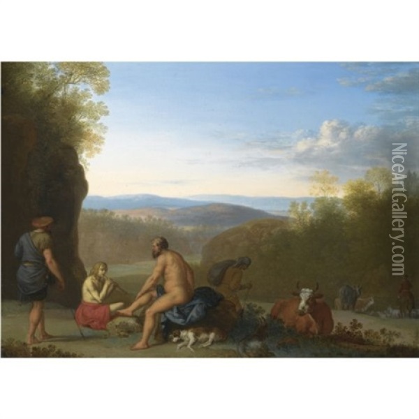 Mercury And Argus In A Landscape, Shepherds With Their Cattle Beyond Oil Painting - Cornelis Van Poelenburgh