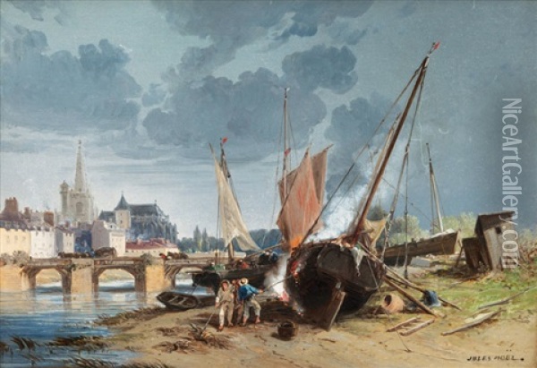 Ship Yard Near A Breton Town Oil Painting - Jules Achille Noel