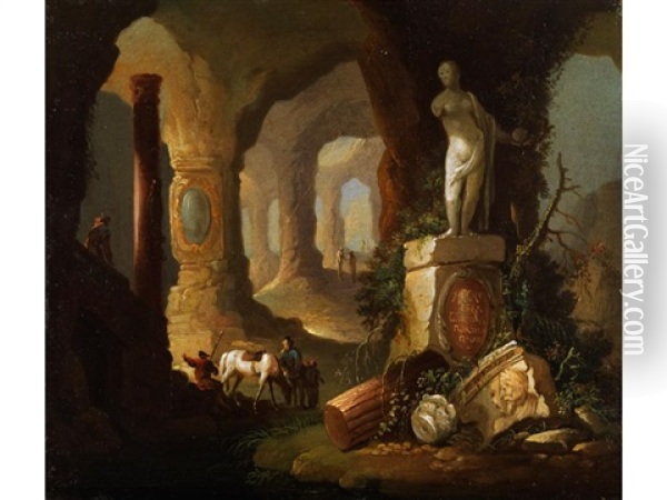 Grotte Mit Antiken Versatzstucken Und Figurenstaffage Oil Painting - Franz de Paula Ferg