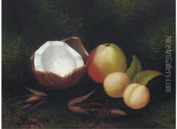 Coconut With An Apple And Plums; And Another Similar Oil Painting - Carl Friedrich H. Werner