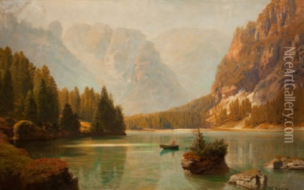 Canoeing On A Mountain Lake Oil Painting - Anton Hlavacek