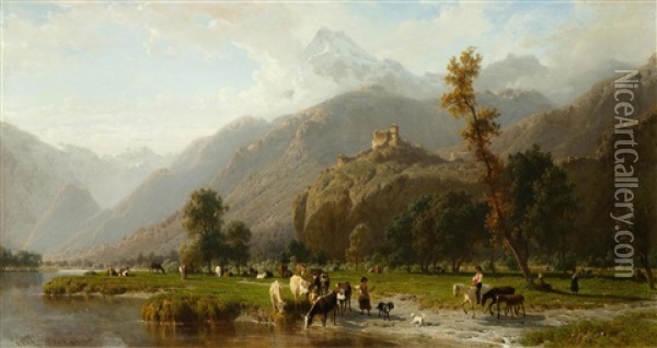 Mountain Landscape Of Ticino With Herdsmen By A River Oil Painting - Karl Girardet