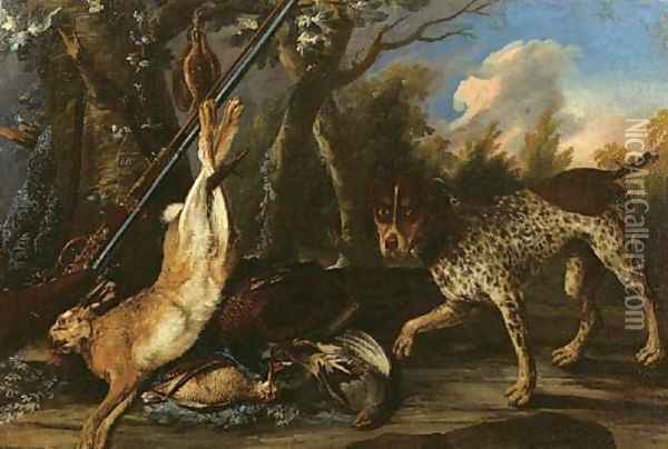 A dead hare and dead snipes hanging from a tree with a pheasant Oil Painting - Pieter Andreas Rysbrack