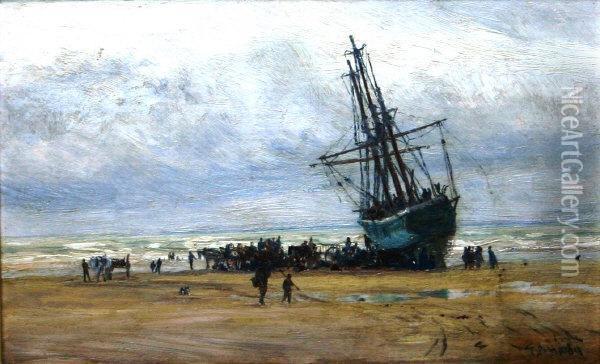 Beached Three Masted Vessel With Figures Oil Painting - Thomas Bush Hardy