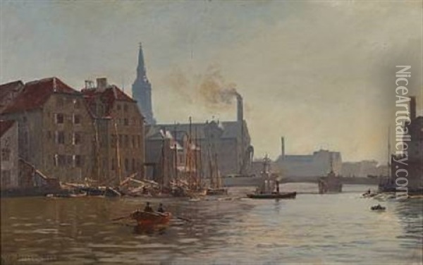 Den Gamle Havn Ved Knippelsbro. Set Fra Niels Juelsgade Oil Painting - Vilhelm Karl Ferdinand Arnesen