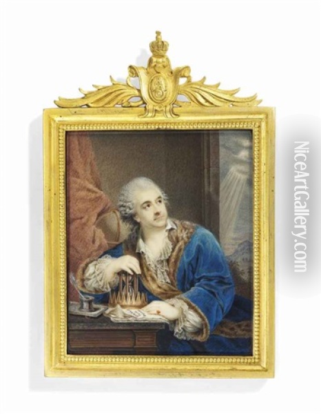 Stanislas Ii Augustus Poniatowski (1732-1798), King Of Poland, In Fur-bordered Blue Robe, Frilled Shirt, Seated At A Desk, His Right Hand On An Hour Glass Next To A Crown Oil Painting - Wincenty de Lesseur
